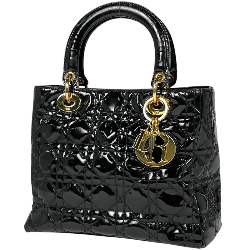 Christian Dior Lady Cannage Enamel Handbag Patent Vernis Leather Black